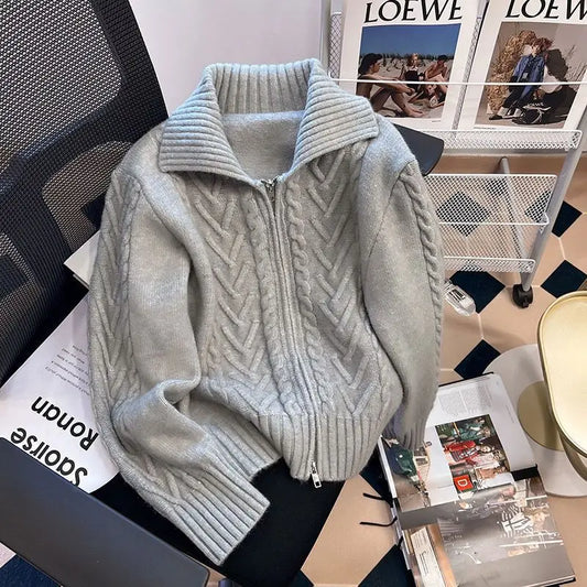 Tweed Lapel Zipper Cardigan Sweater for Women Vintage Knit Style