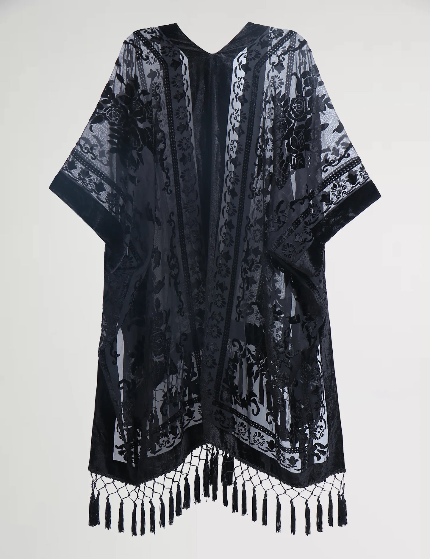 WeHello Women's Burnout Velvet Kimono Long Cardigan Cover Up with Tassel