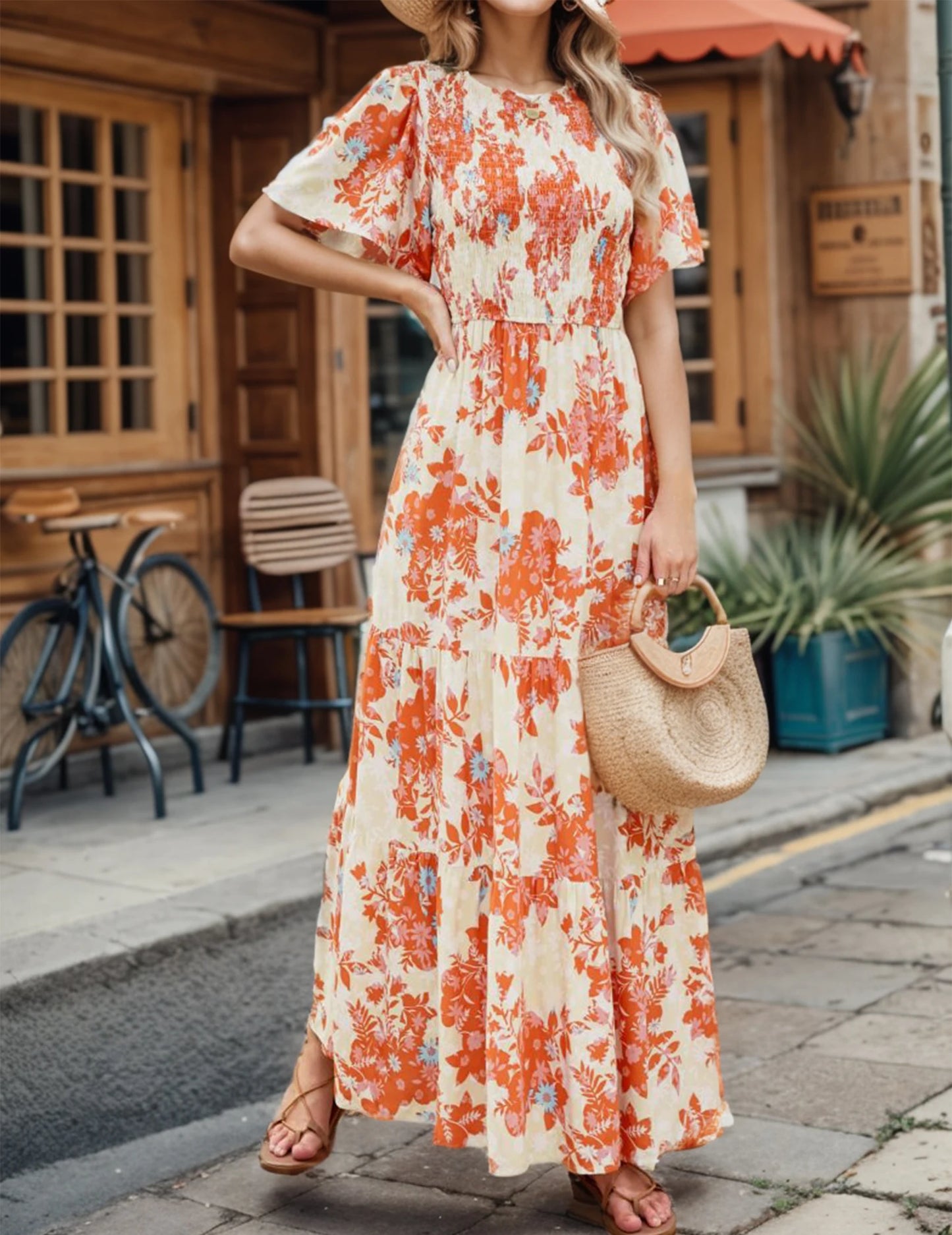 Casual Pastoral Style Floral Print Dress Long, Crewneck Short Sleeves High Waist
