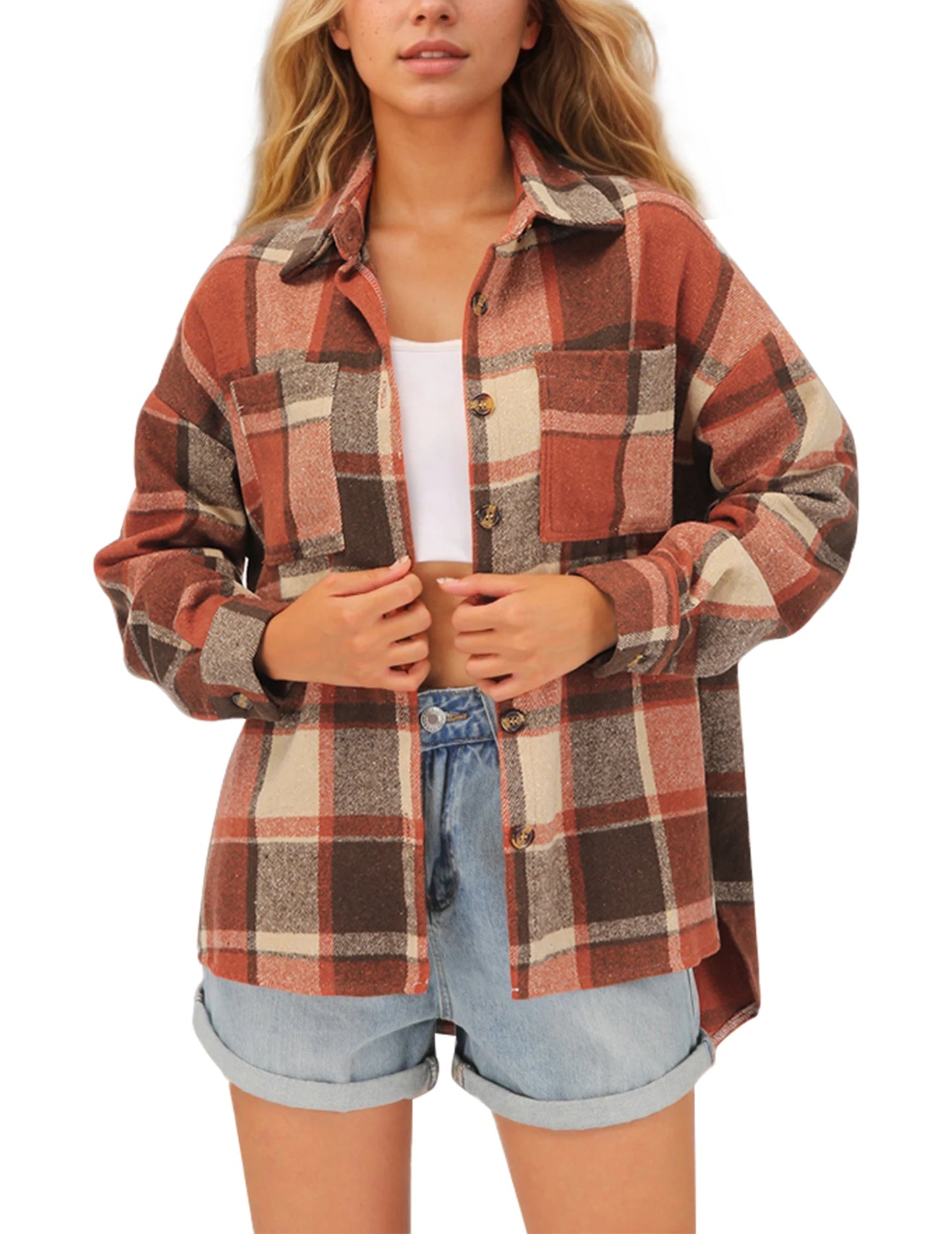 Women's Chequered Shirt Jacket, Long Sleeves, Loose Shacket, Flannel Shirt Blouse