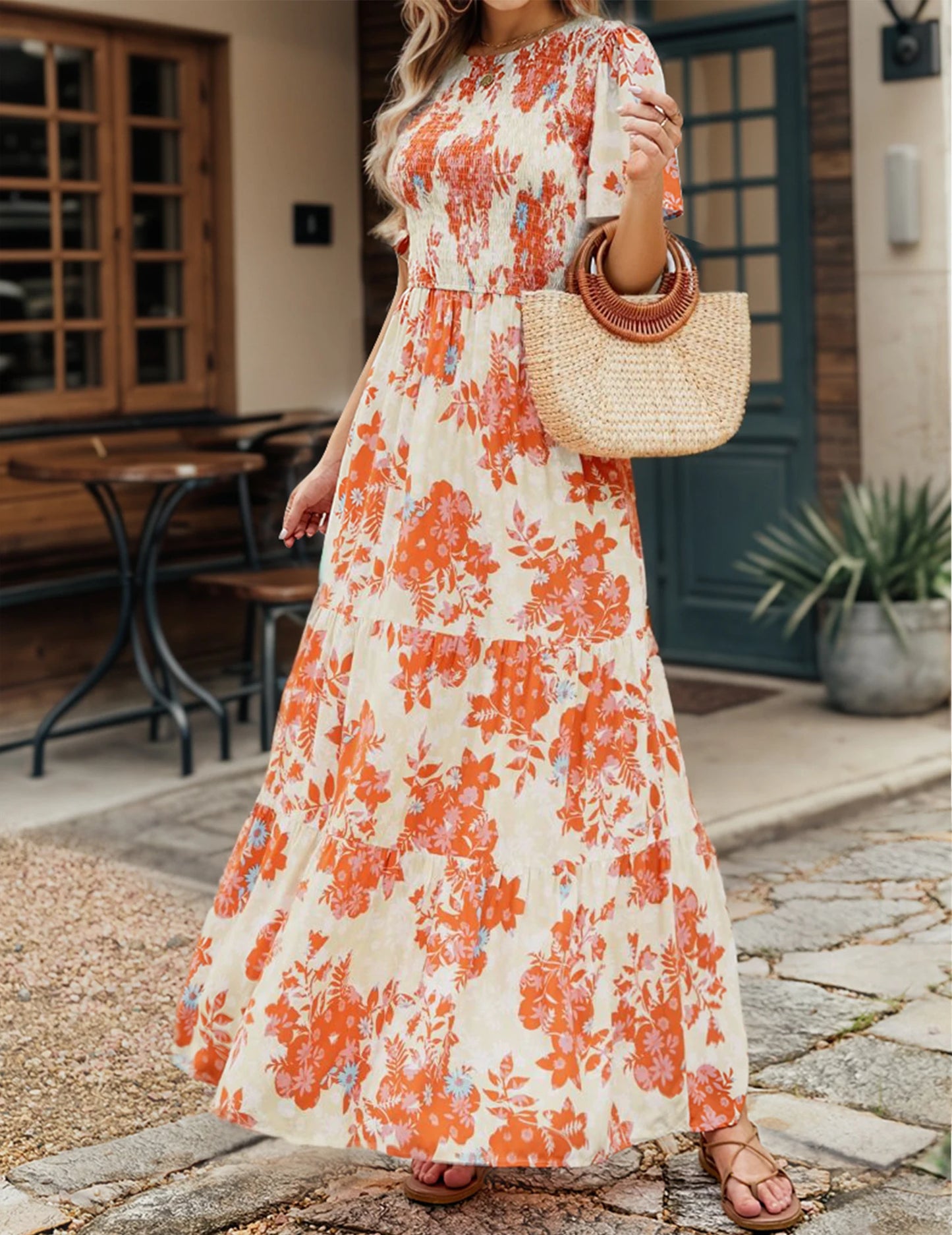 Casual Pastoral Style Floral Print Dress Long, Crewneck Short Sleeves High Waist
