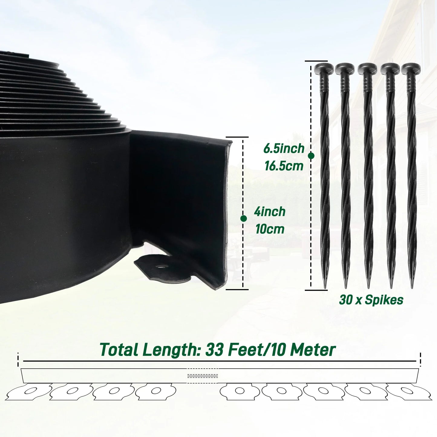 33FT Landscape Edging Kit, Garden Edging Coil Comes with 30 Pcs Spikes, No Dig Lawn Border Design