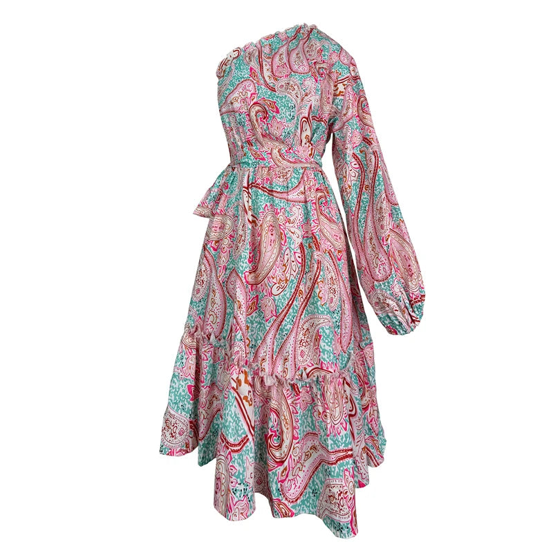 Casual Women's Printed Dress Hem Belted Dresses Fashion One Shoulder Ruffle