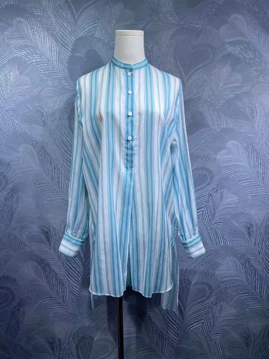 Women's summer stand collar cotton striped long sleeve shirt