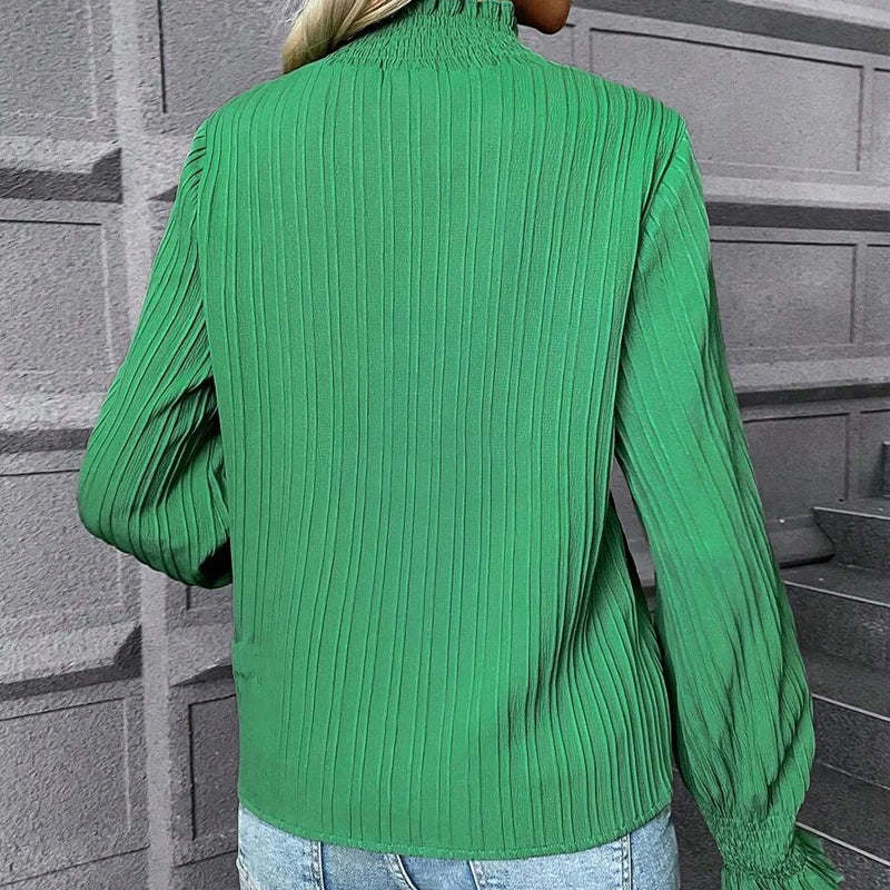 Fashion Women's Clothing Turtleneck Top Casual Slim Vertical Pleats Long Sleeves