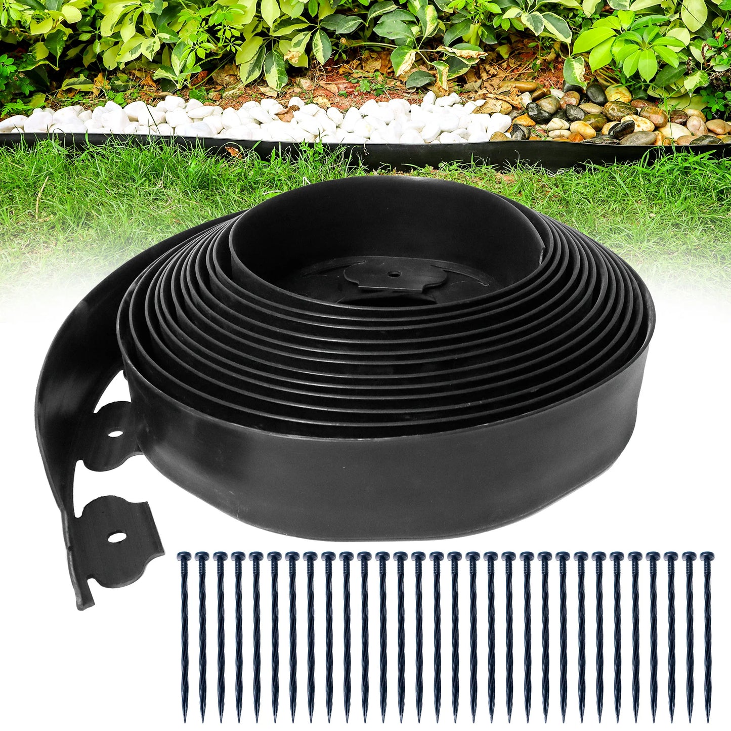 33FT Landscape Edging Kit, Garden Edging Coil Comes with 30 Pcs Spikes, No Dig Lawn Border Design
