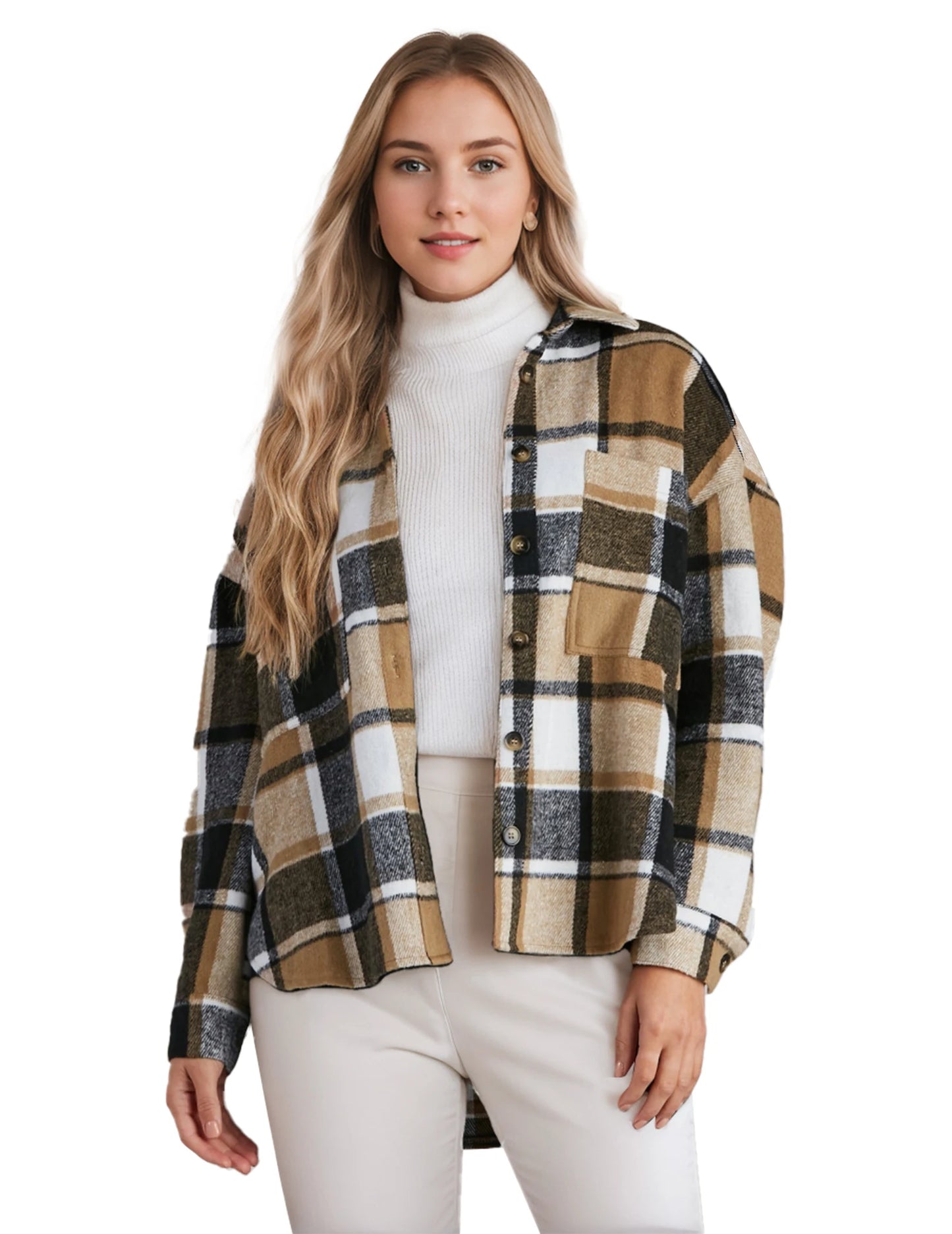 Women's Chequered Shirt Jacket, Long Sleeves, Loose Shacket, Flannel Shirt Blouse