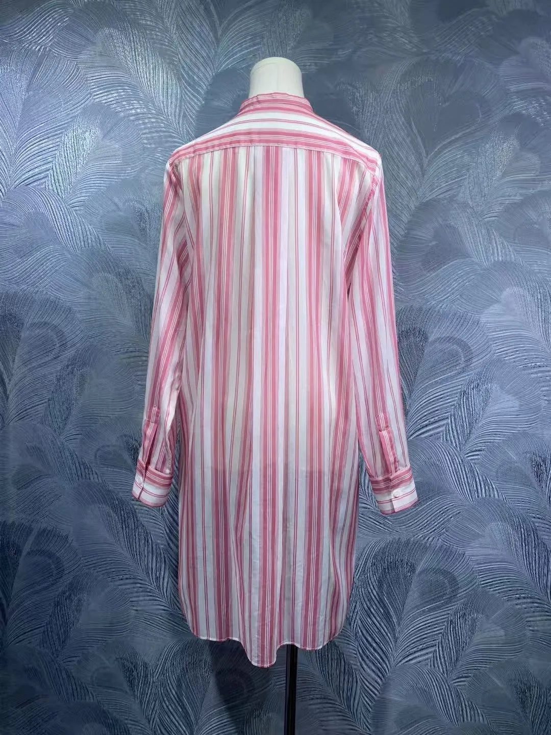 Women's summer stand collar cotton striped long sleeve shirt