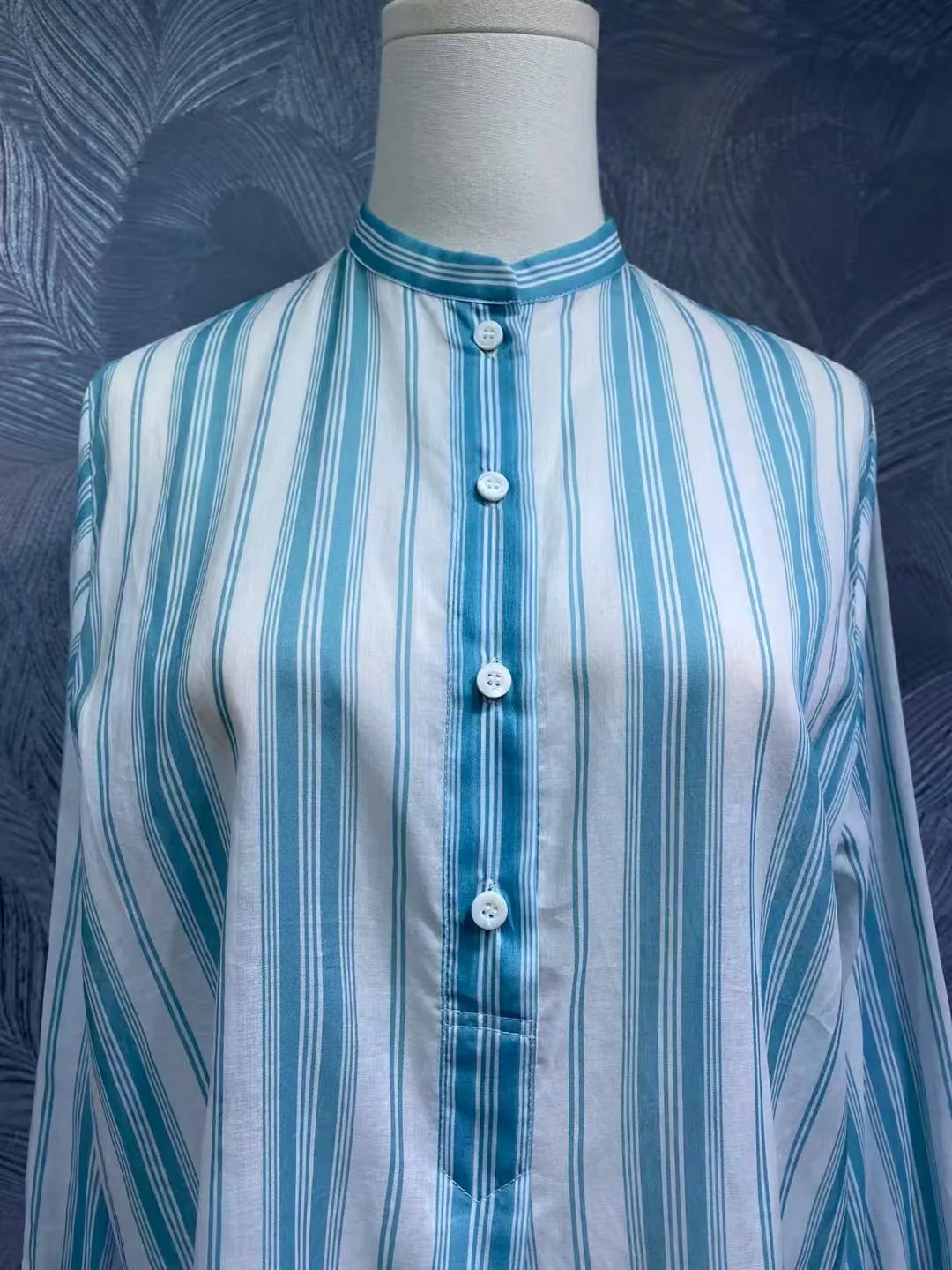 Women's summer stand collar cotton striped long sleeve shirt