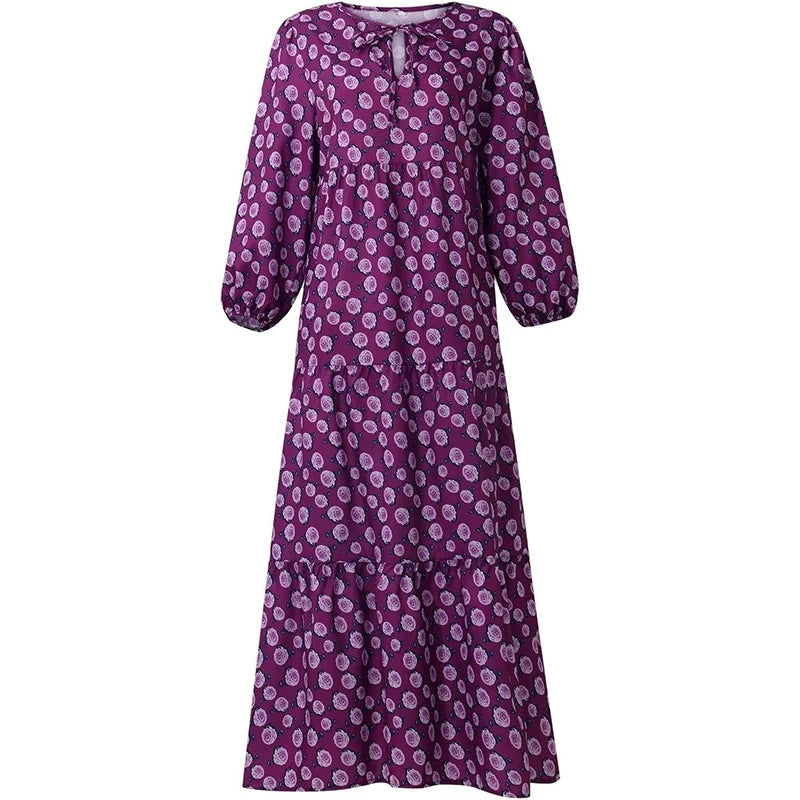 Casual Sommer Kleid Women's Dress Purple Buttons Elegant A-Linie Floral Skirt