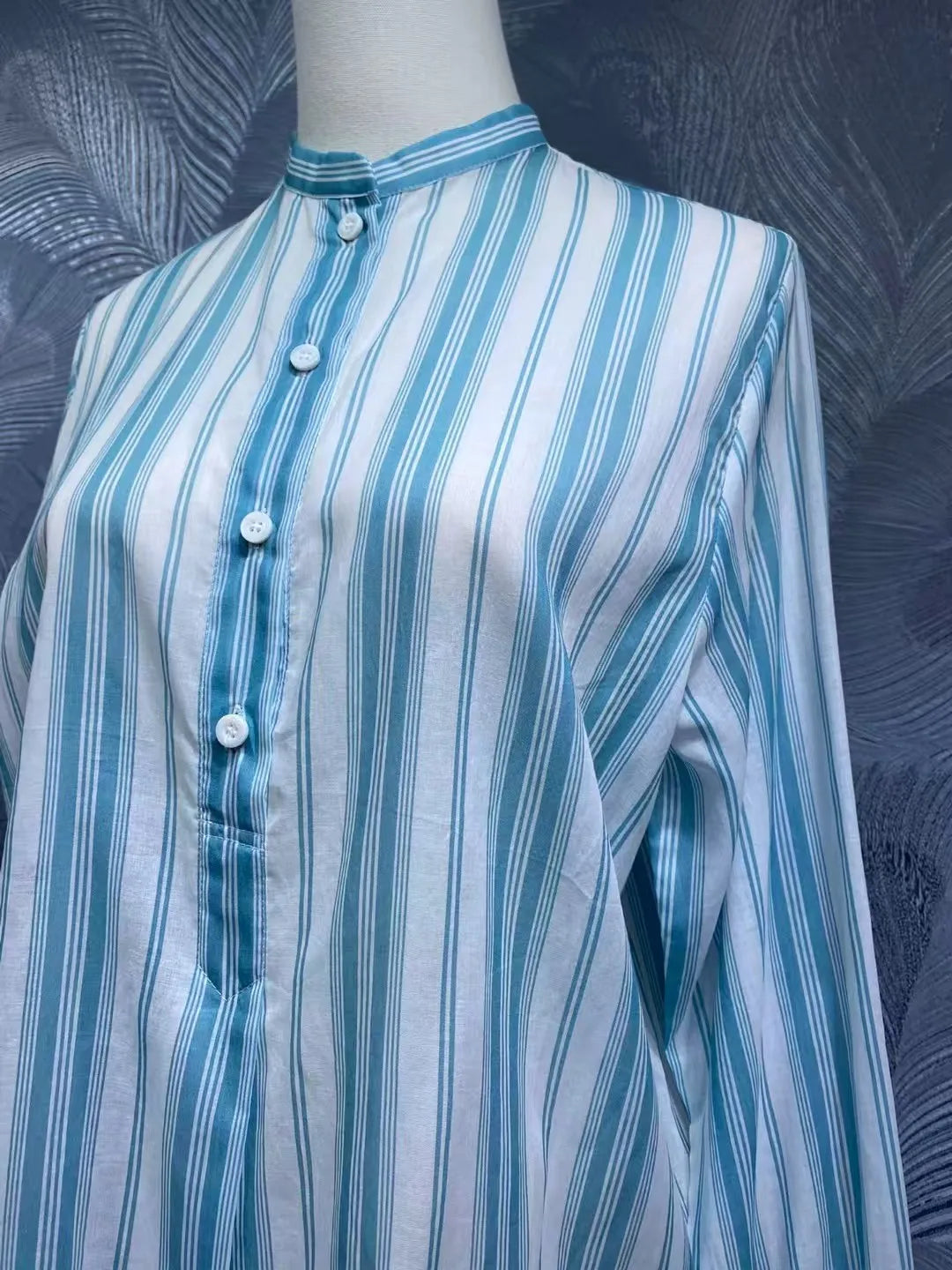 Women's summer stand collar cotton striped long sleeve shirt