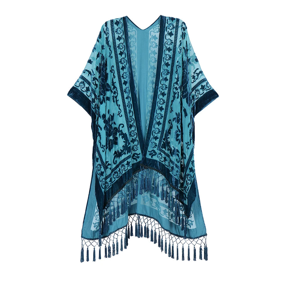 WeHello Women's Burnout Velvet Kimono Long Cardigan Cover Up with Tassel