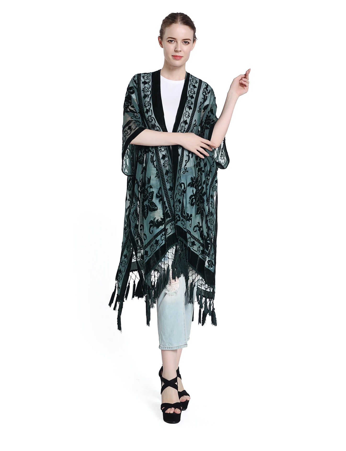 Women's Burnout Velvet Kimono Long Cardigan Cover Up with Tassel Dark Green