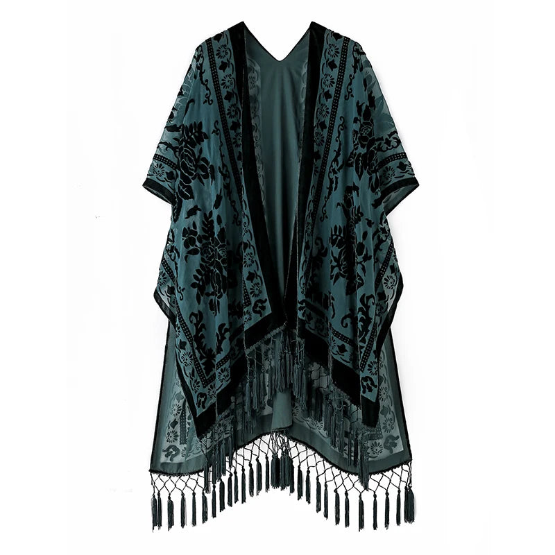Women's Burnout Velvet Kimono Long Cardigan Cover Up with Tassel Dark Green
