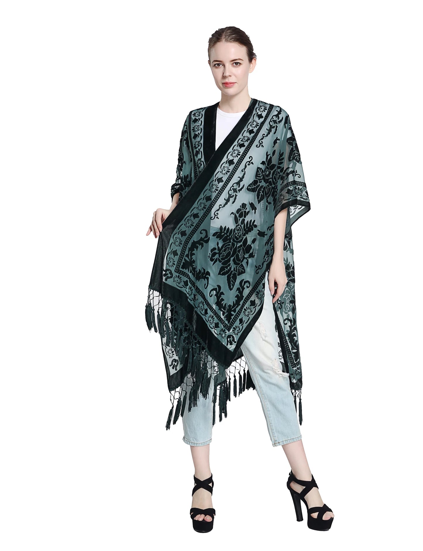 Women's Burnout Velvet Kimono Long Cardigan Cover Up with Tassel Dark Green