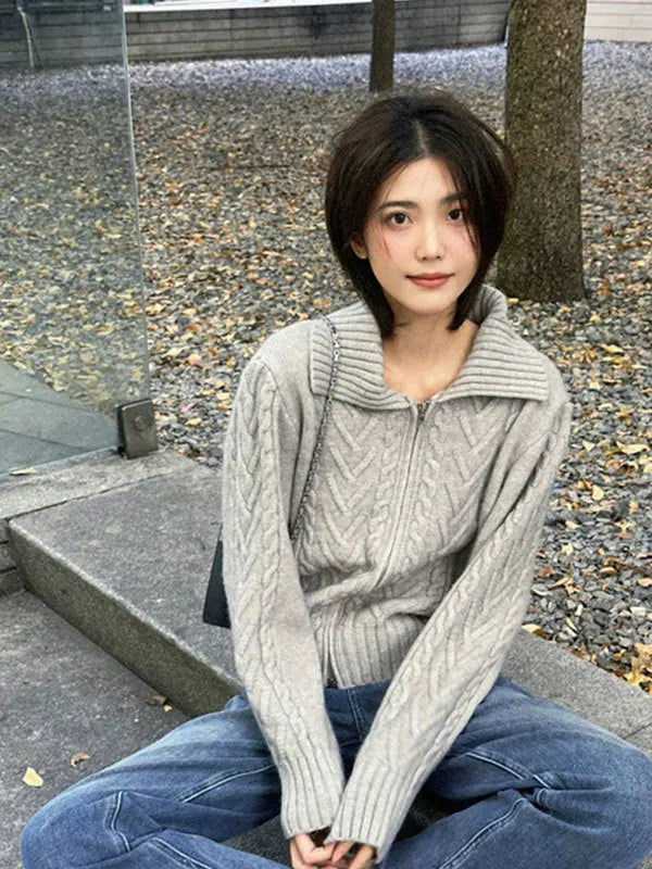 Tweed Lapel Zipper Cardigan Sweater for Women Vintage Knit Style