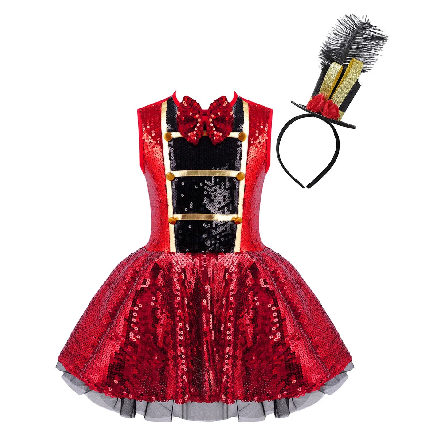 Shiny Sequins Leotard Dress with Feather Hat for Halloween Carnival Party Dress Up