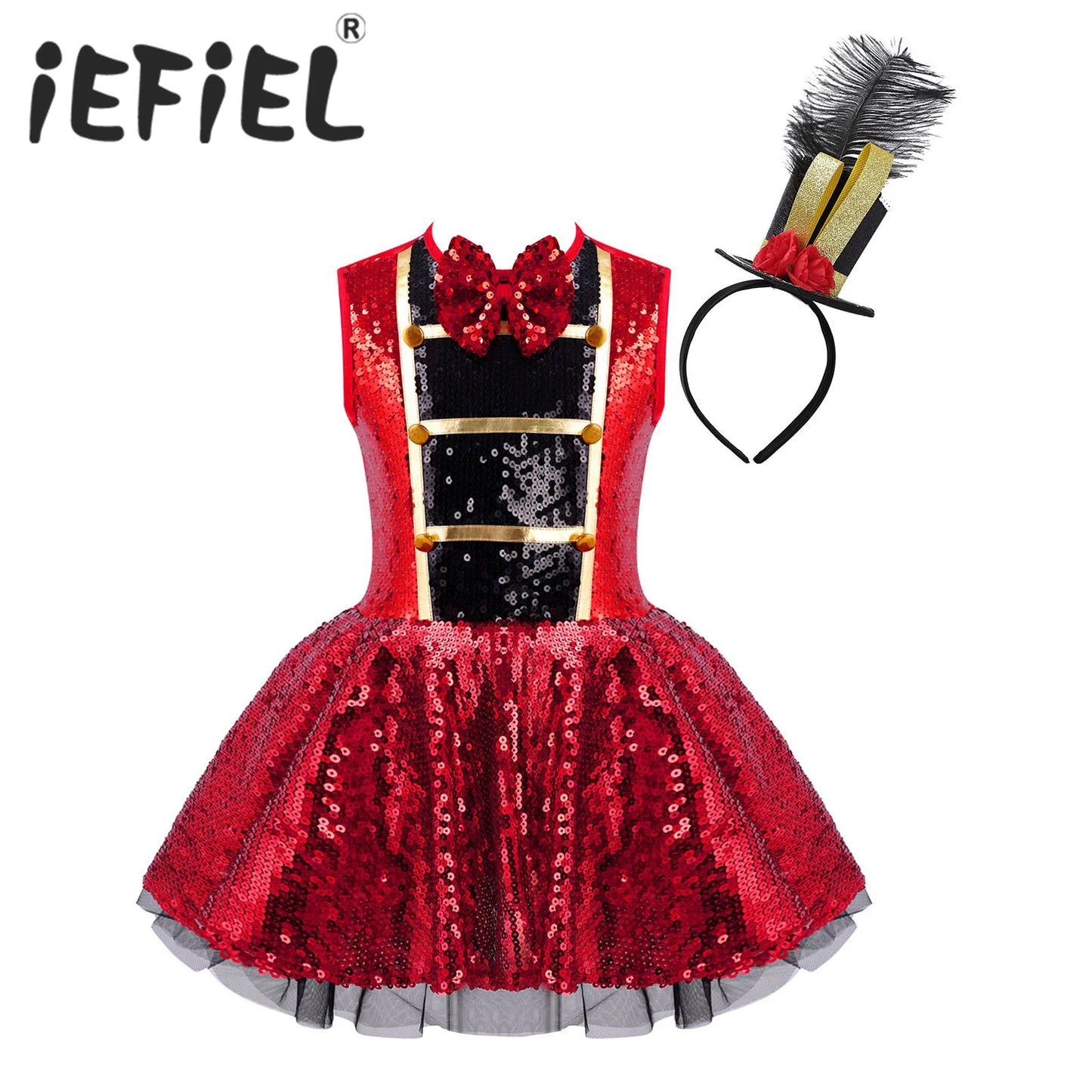 Shiny Sequins Leotard Dress with Feather Hat for Halloween Carnival Party Dress Up
