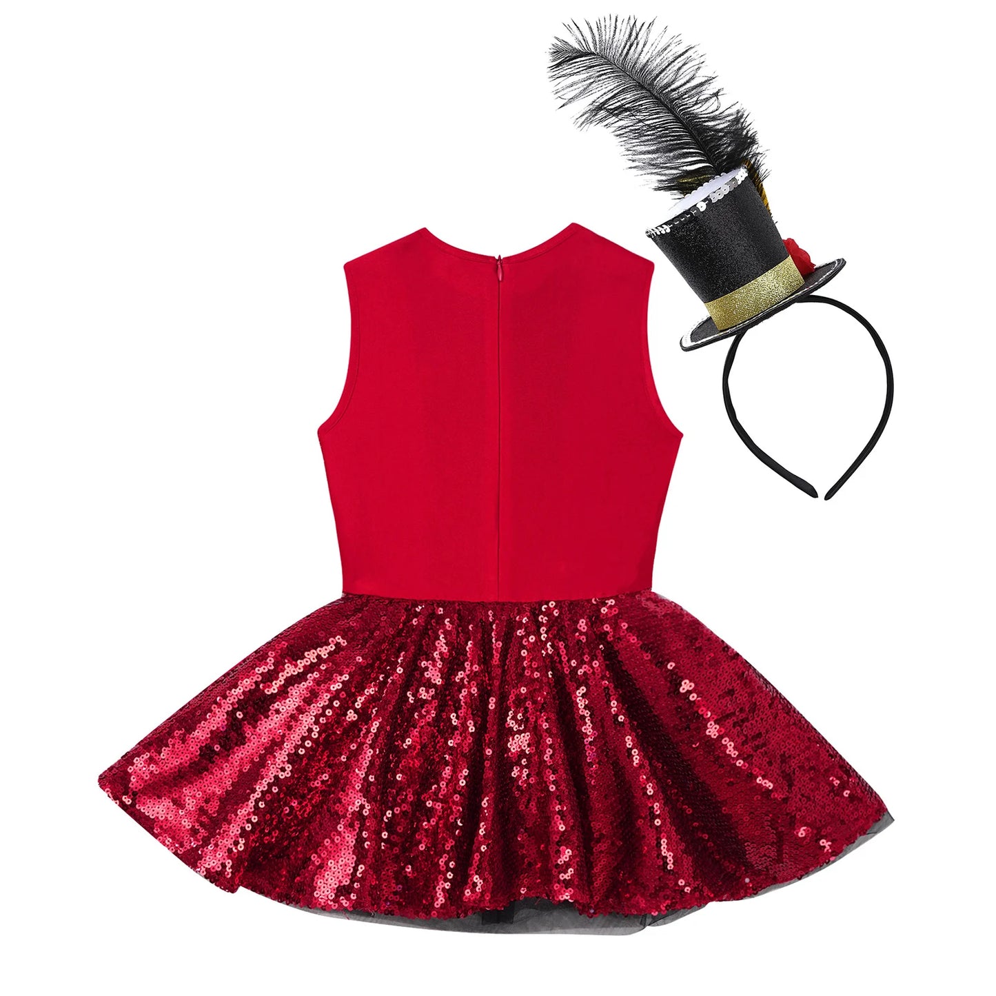 Shiny Sequins Leotard Dress with Feather Hat for Halloween Carnival Party Dress Up