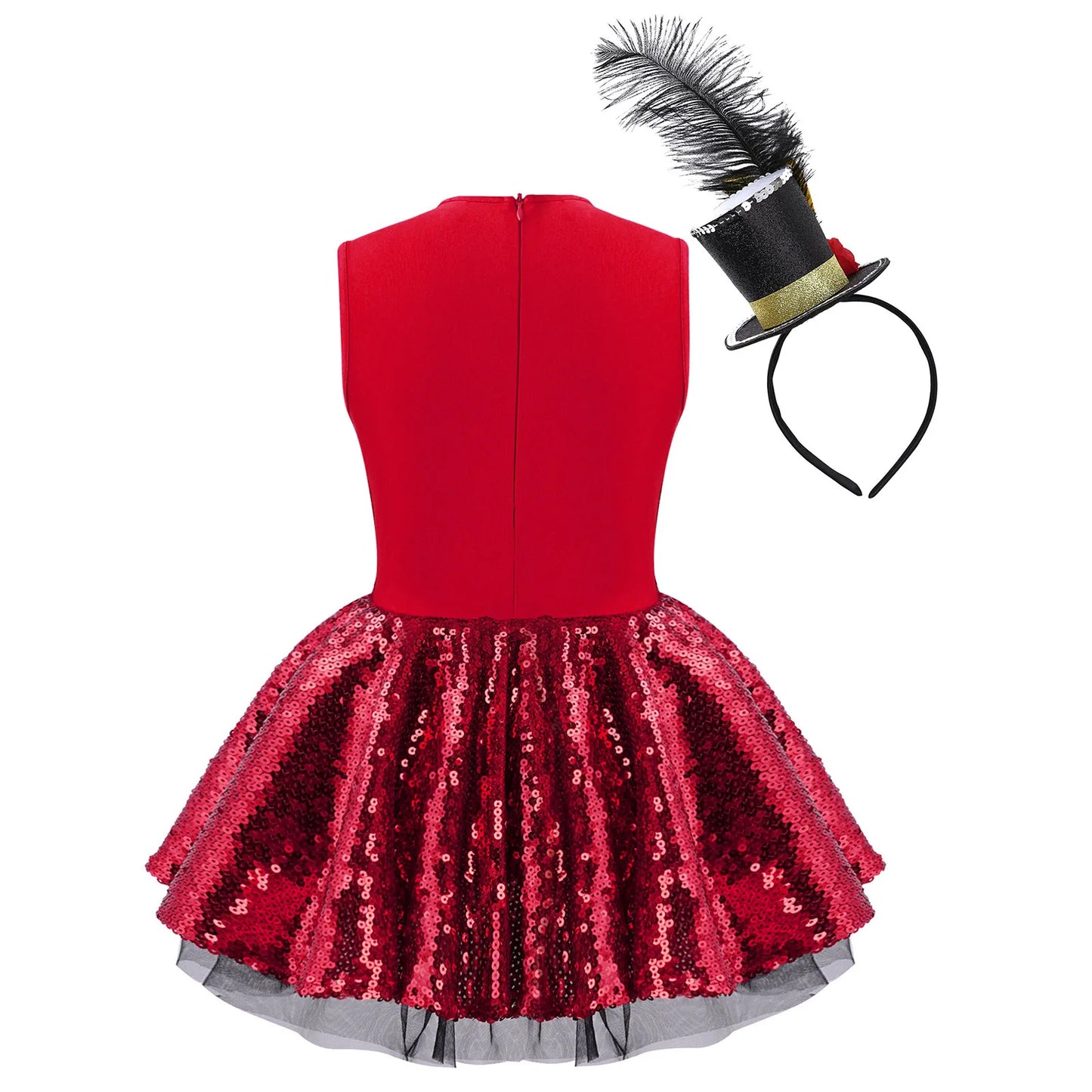 Shiny Sequins Leotard Dress with Feather Hat for Halloween Carnival Party Dress Up