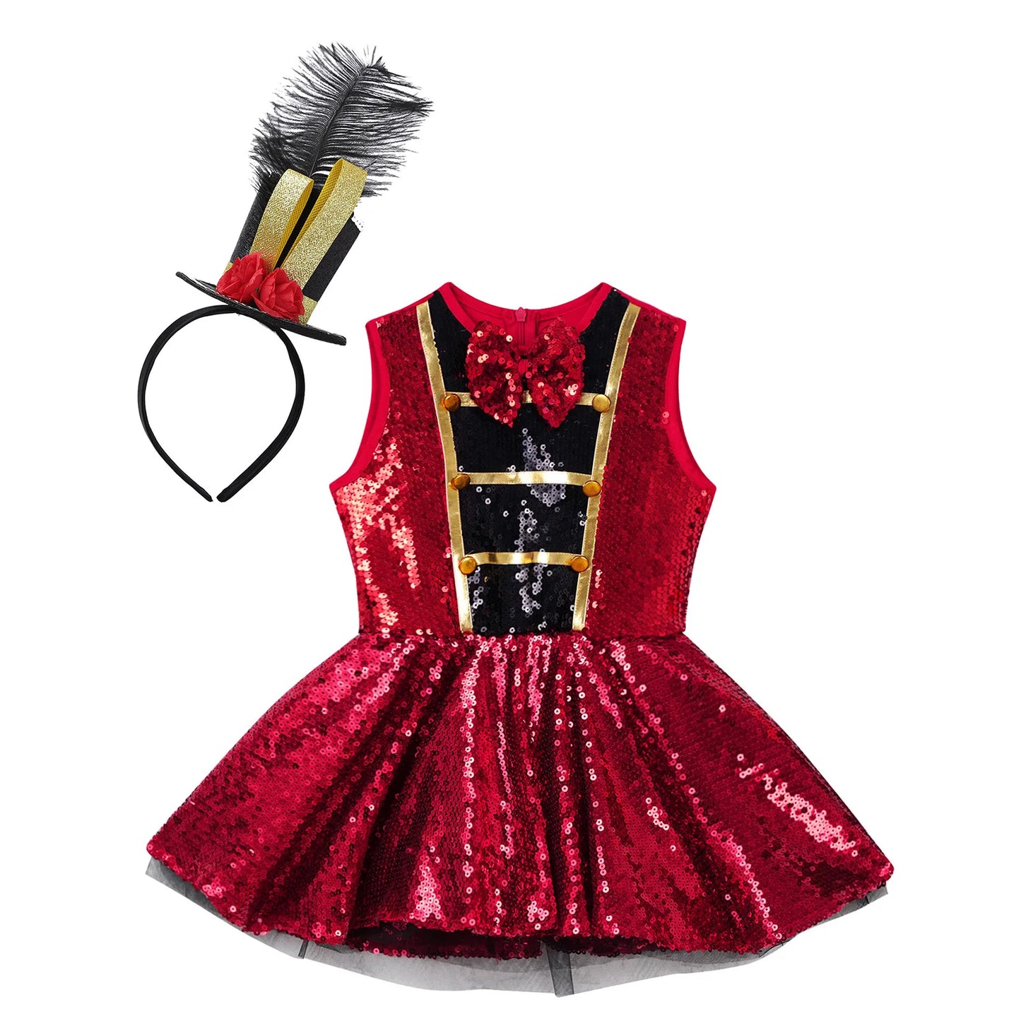 Shiny Sequins Leotard Dress with Feather Hat for Halloween Carnival Party Dress Up