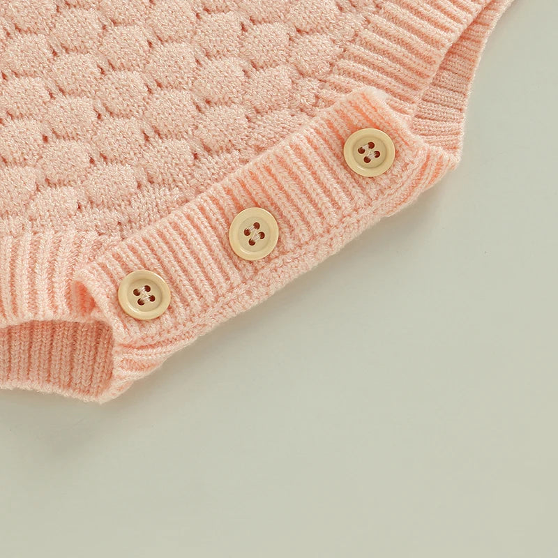 Adorable Baby Girls Knitted Ruffle Romper with Long Sleeves Solid Color