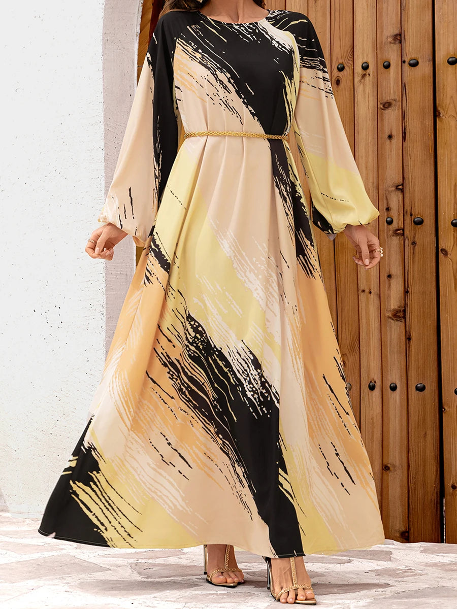 Elegant Floral Print Maxi Dress with Long Sleeves and Round Neckline