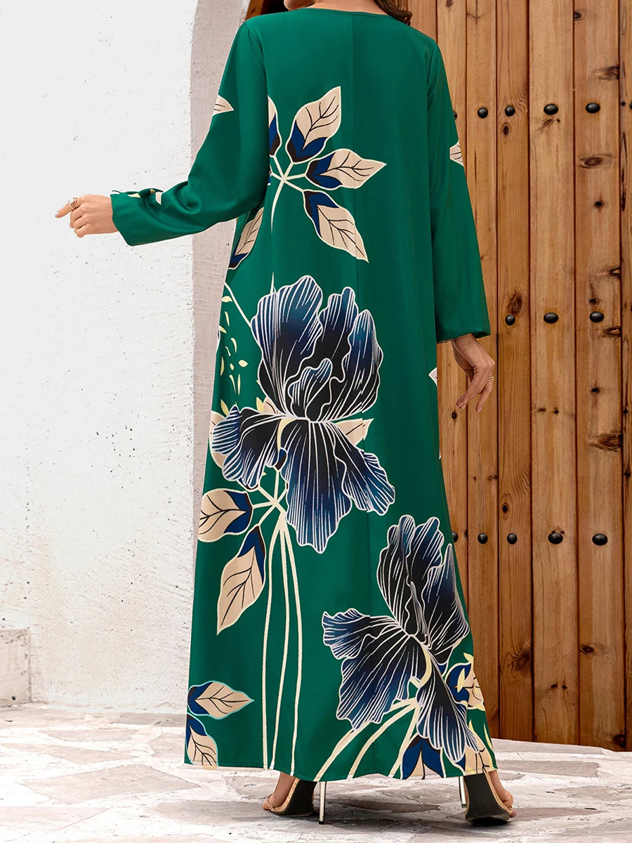 Elegant Velvet Floral Maxi Dress With Flowing Silhouette And Sleeves