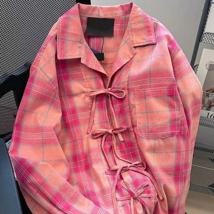 Neploe American Retro Pink  Plaid Shirt for Women Spring Autumn