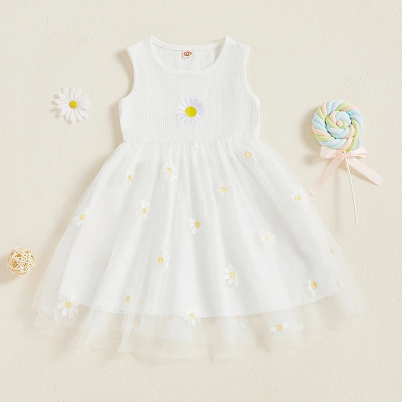 Floral Embroidered Sleeveless Tulle Dress with Round Neckline for Little Girls -