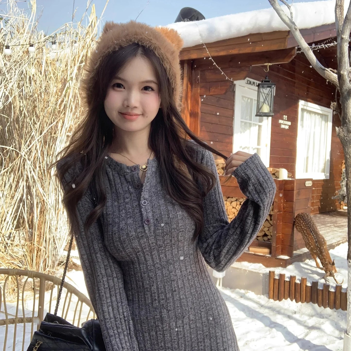 French Style Long Sleeve Knitted Dress Cinched Waist A Line