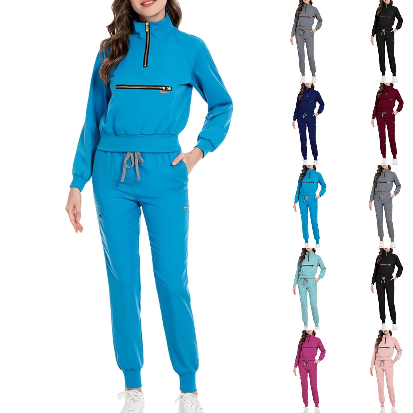 Scrub Set Stand Collar Zipper Long Sleeve Multi Pocket Professional