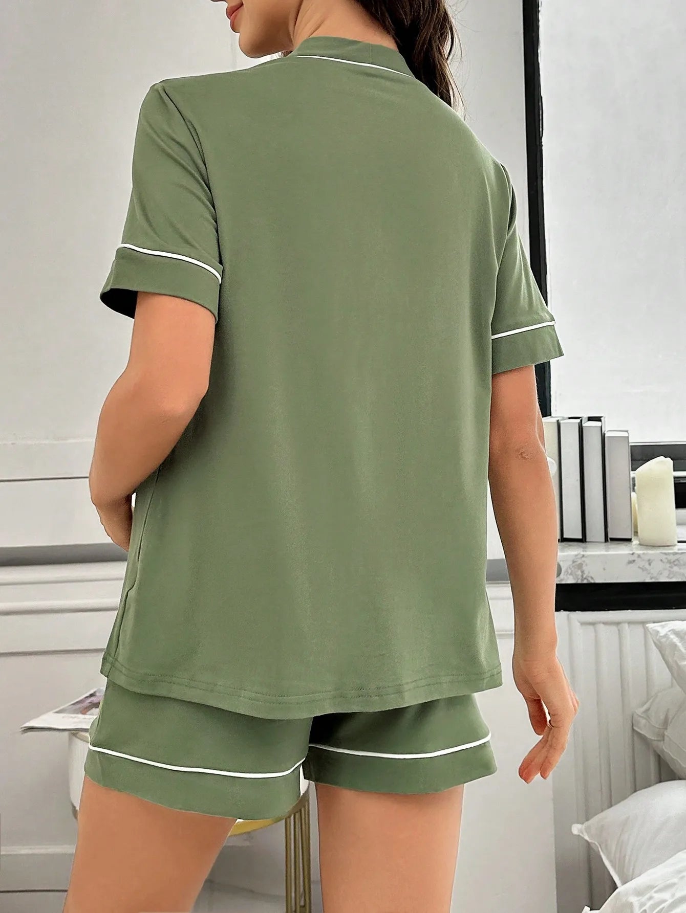 Olive Green Maternity Pajama Set with White Trim and Embroidered Text