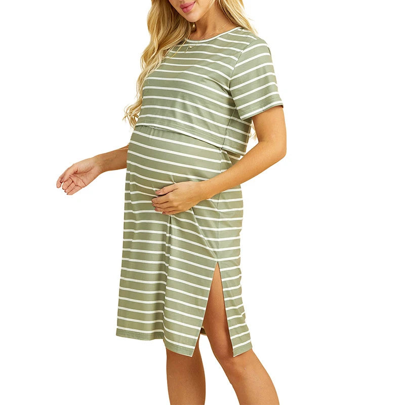 Breastfeeding Dress Short Sleeve Striped Nursing Dress For Breastfeeding