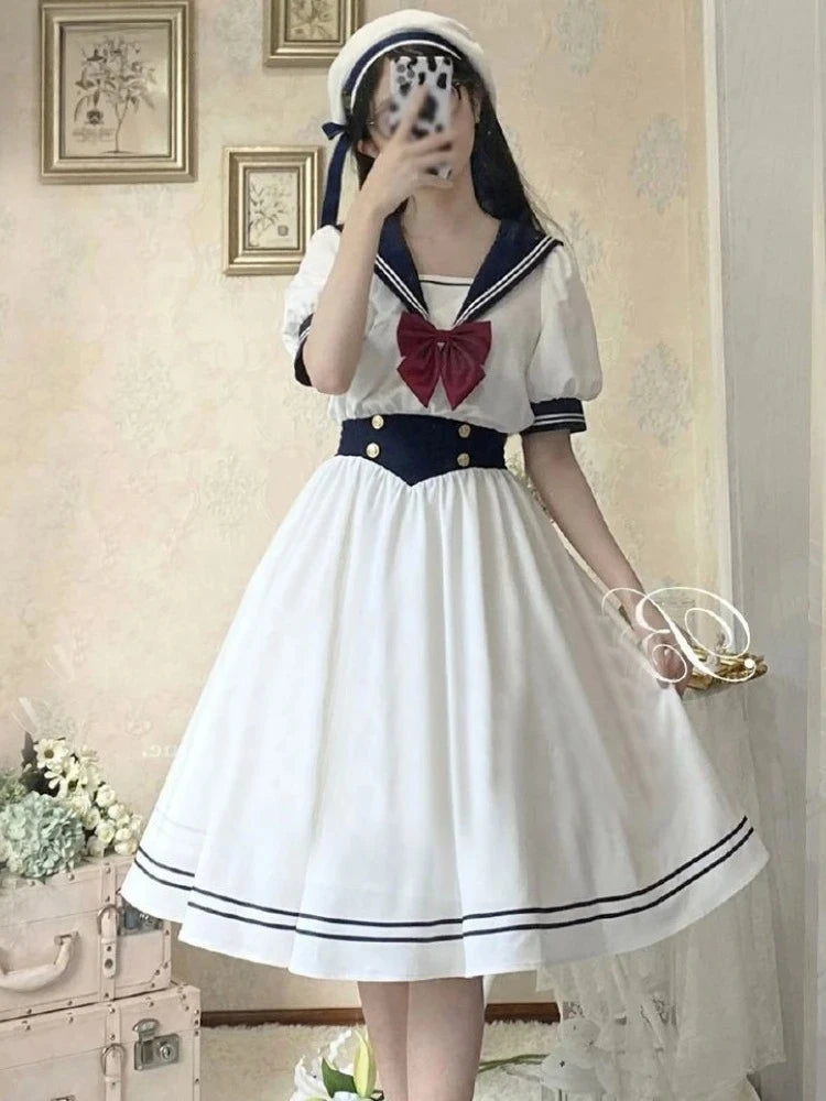 Japanese Lolita Style Puff Sleeve Dress For Women With Bow