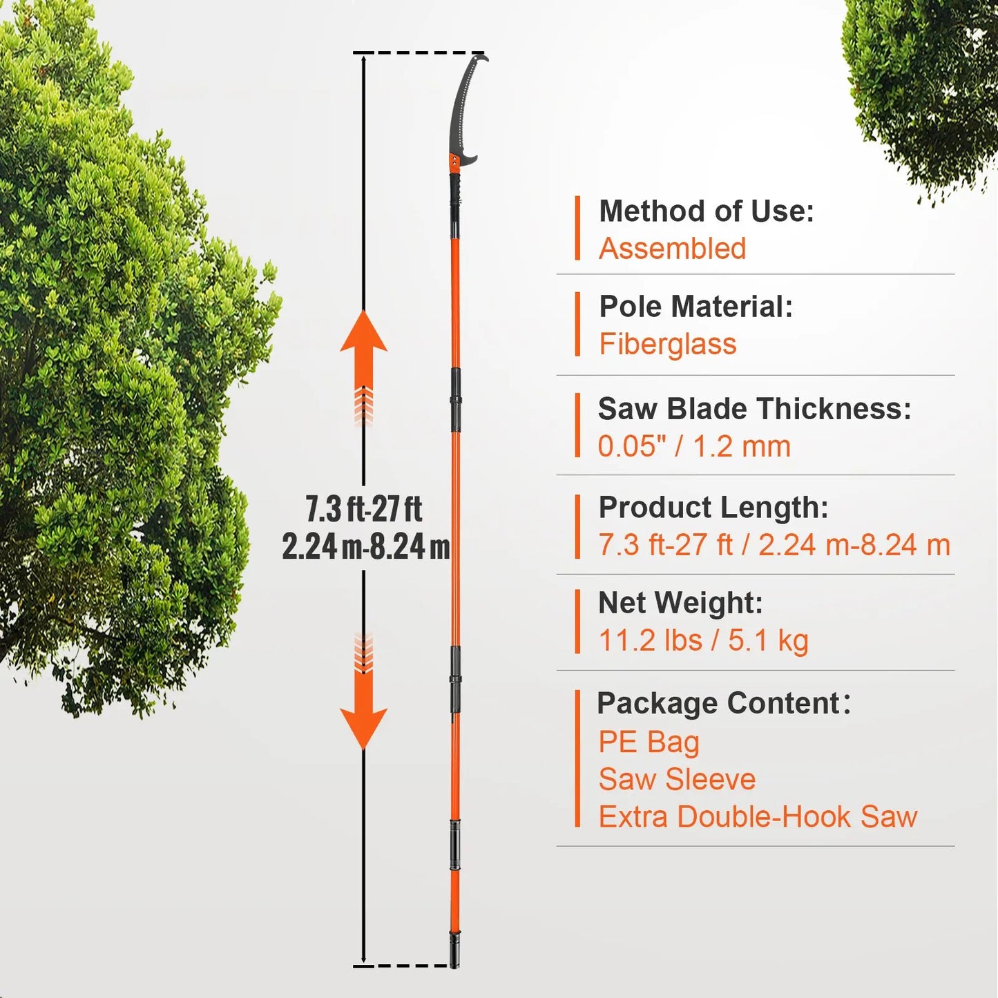 VEVOR Manual Pole Saw 7.3-27 ft Extendable Tree Pruner