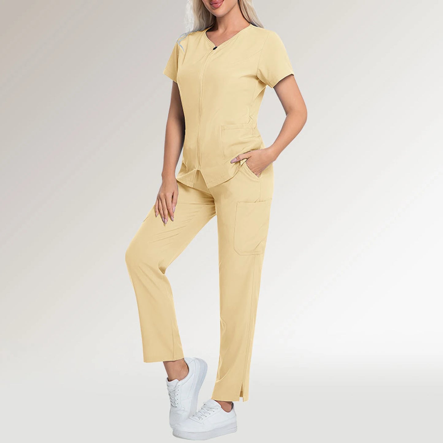 Scrub Set V-Neck Short Sleeve Zipper Multi-Pocket Solid Color Medical Uniform