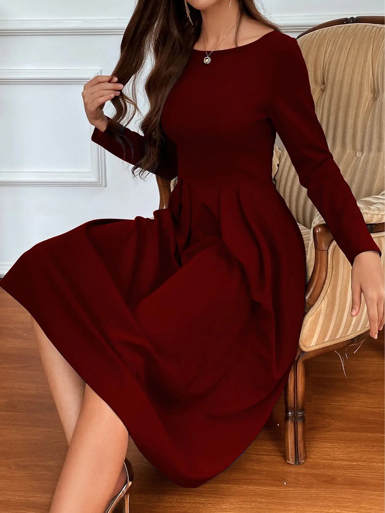 Elegant Women Long Sleeve A Line Dress Polyester Modern