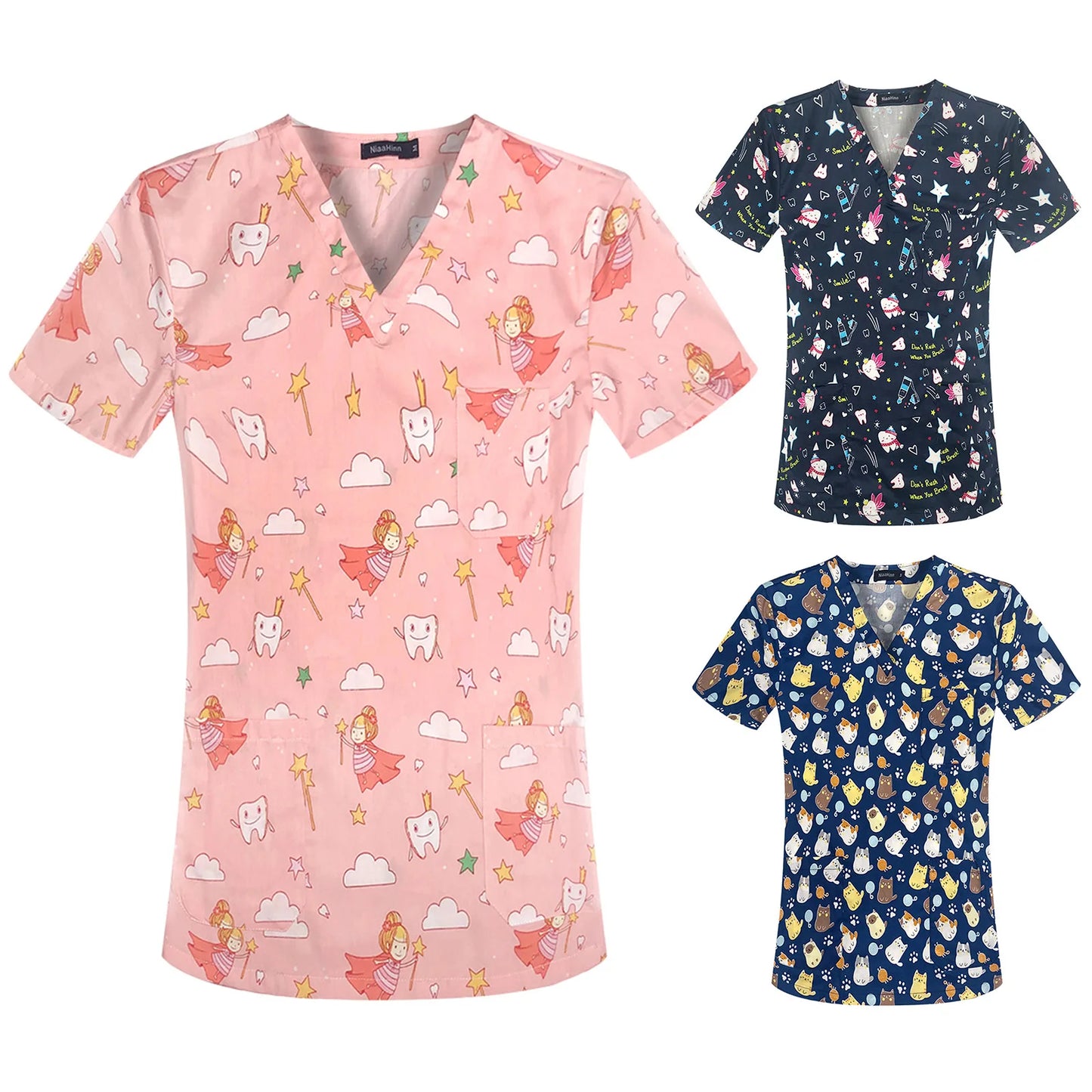 Fashion Print Dentist Nurse Uniform Scrub Tops Beauty Scrub Clothes Cartoon Nurse Medical Uniforms