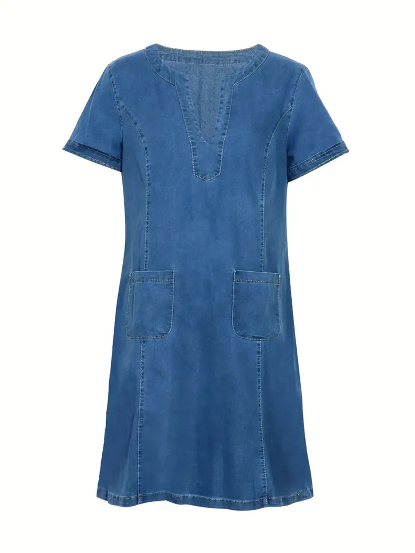 Women's Fashionable Casual V-Neck Short Sleeved Denim Dress with Pockets,