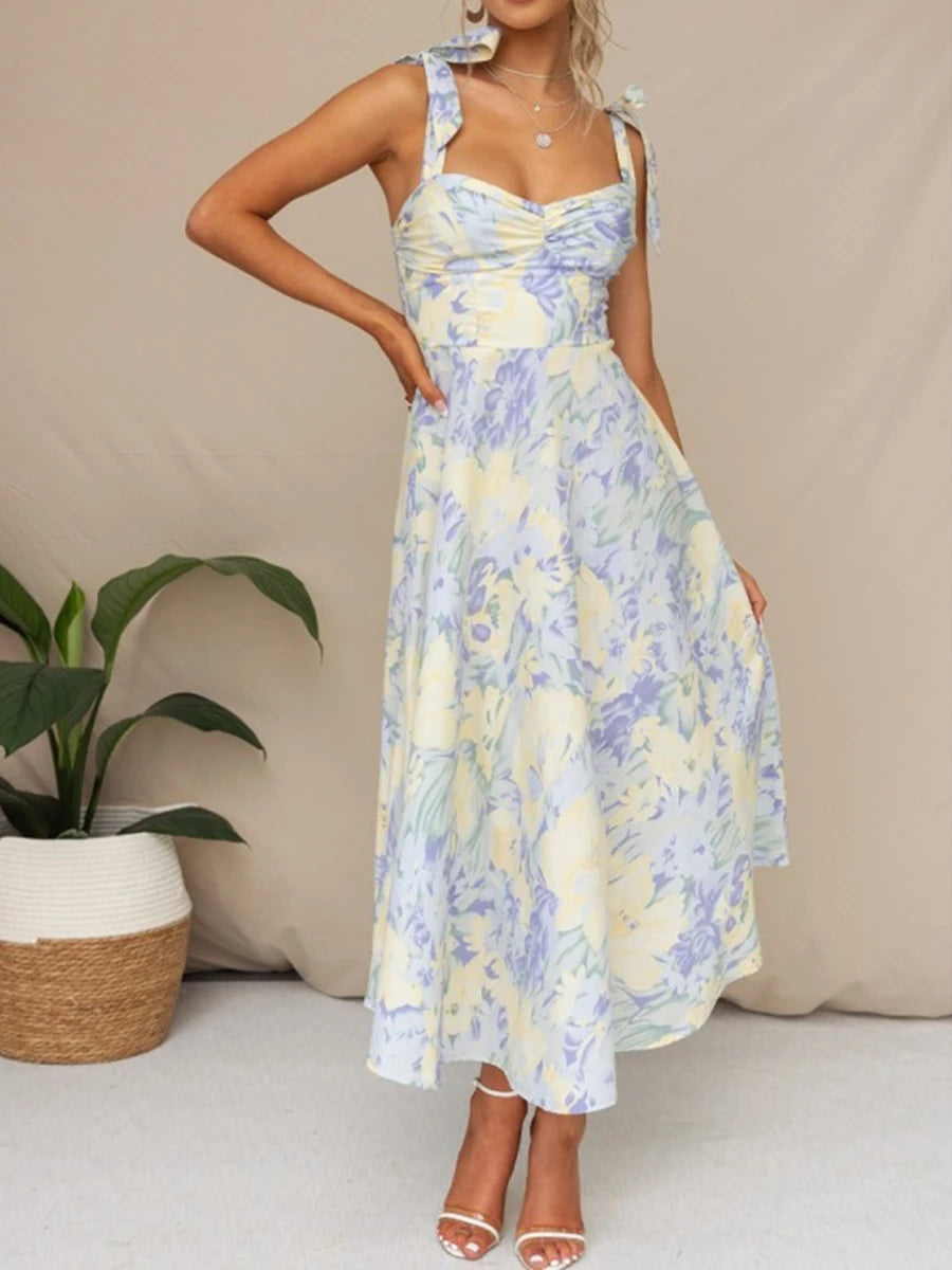 Women Sling Dress Sleeveless Low-cut Tie-up Flower Print