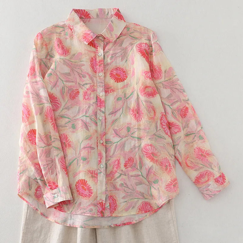 Women Cotton Linen Floral French Artistic Print Shirt Top For Autumn