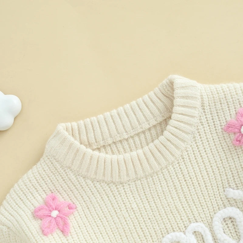 Cute Baby Girls Knit Sweater with Floral Embroidery and Cozy Long Sleeves -