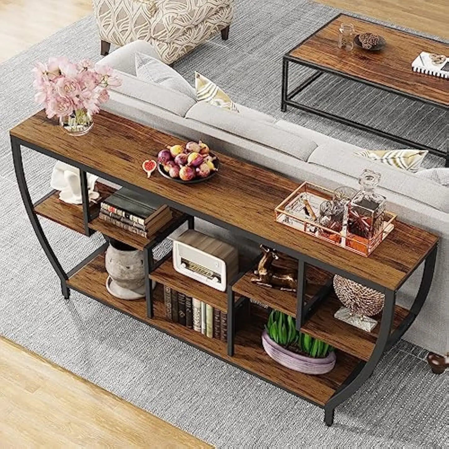 Table with Storage Industrial Entryway Table TV Stand