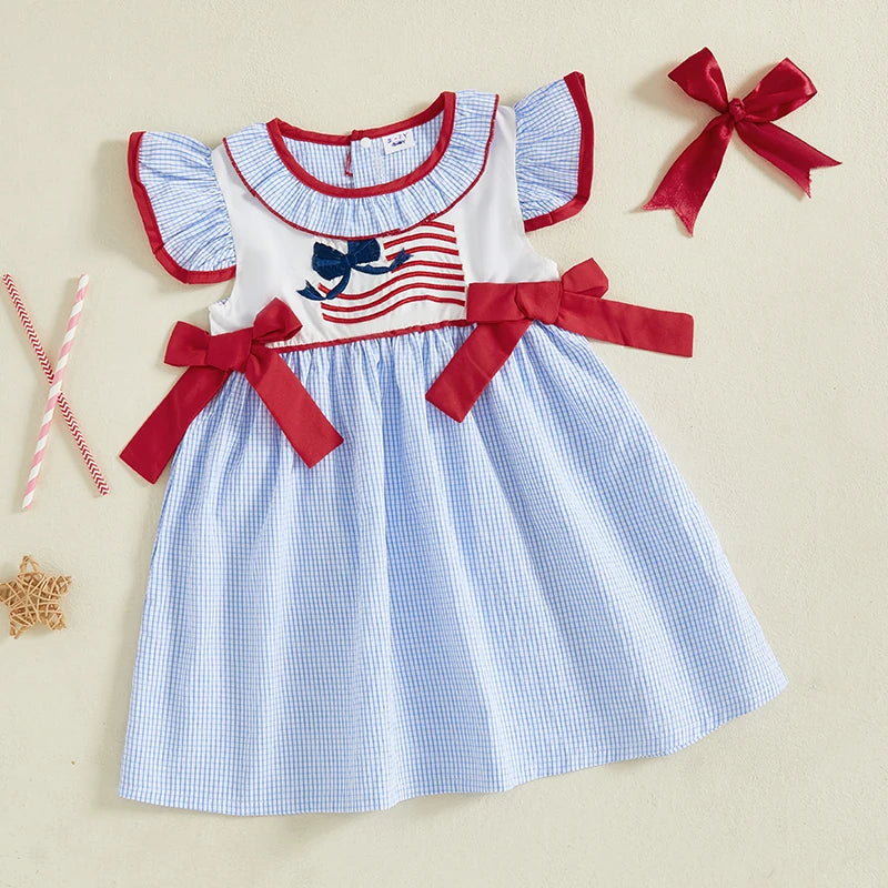 Independence Day Toddler Girl Dress with Plaid Bows and American Flag