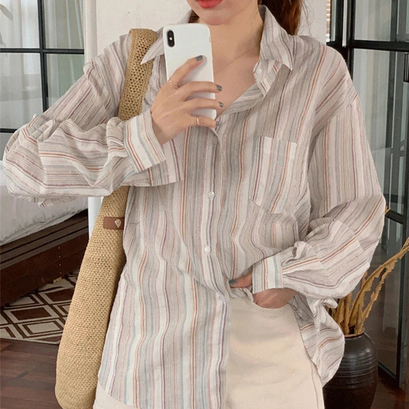 MEXZT Vintage Striped Shirts Women Korean Fashion Simple Long Sleeve