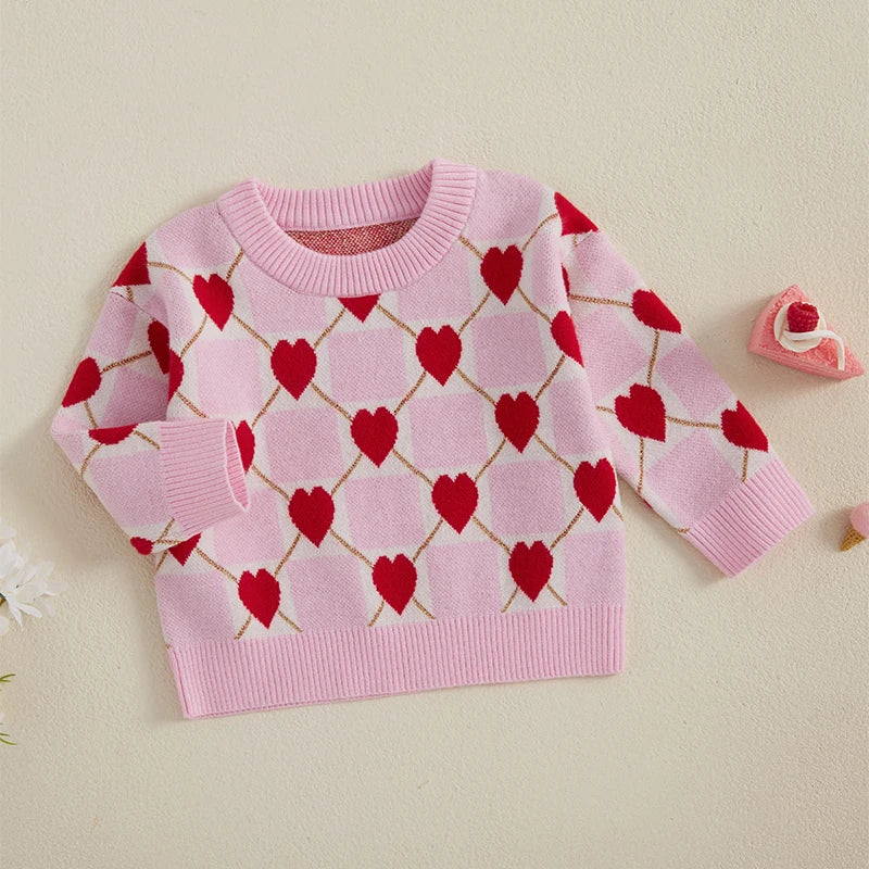 Girls Heart Patterned Knit Sweater with Long Sleeves and O Neckline -