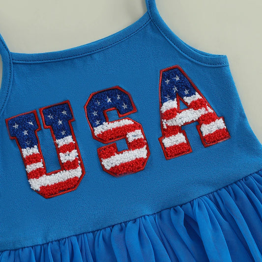 Independence Day Toddler Girl Dress with Embroidered Letters Sleeveless Tulle Patchwork