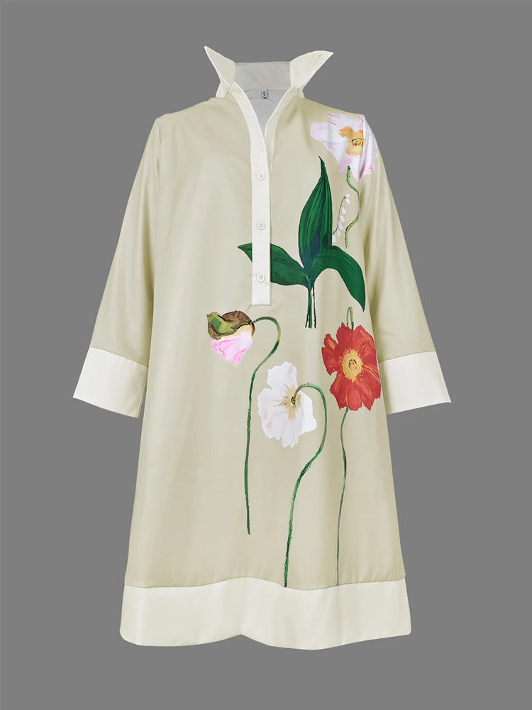 Elegant Flower Printed Women Dress With Long Sleeves Polyester Cotton