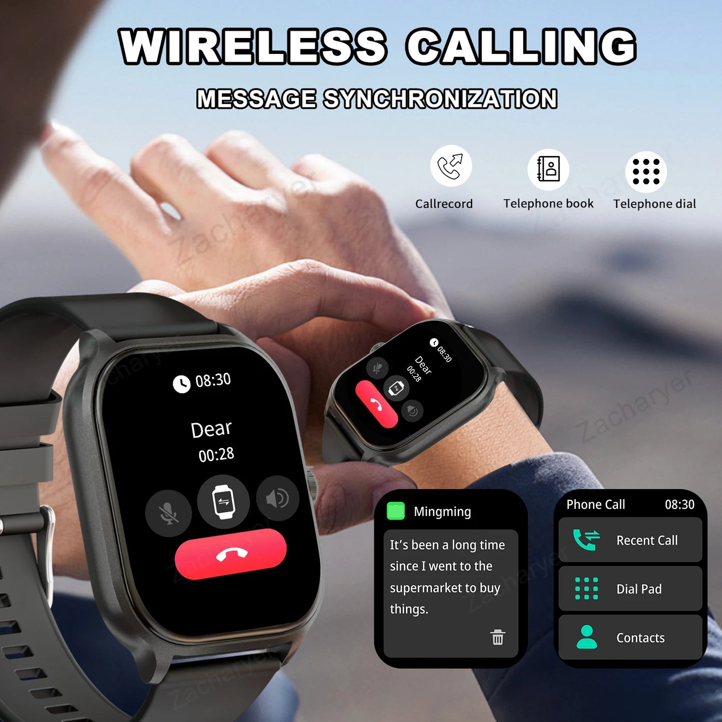 Smart watch, wireless calling/dial, multi-Sport mode, calling reminder and rejection,